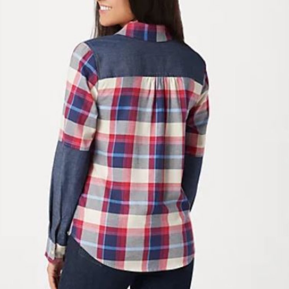 Denim & Co Button-Front Plaid Shirt with Denim Detail  8248 - Picture 2 of 3